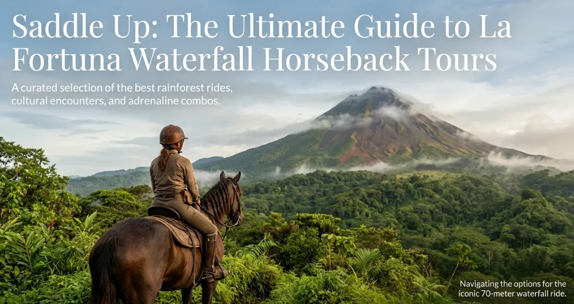 La Fortuna Waterfall horseback ride guide — rider on horse overlooking Arenal Volcano and rainforest