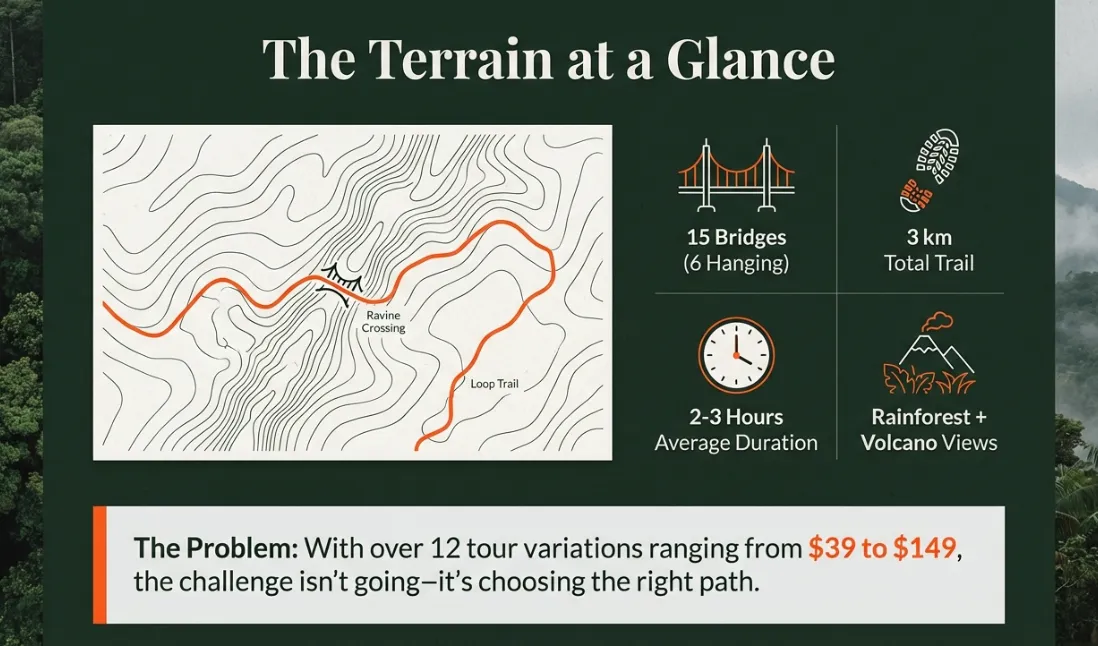 Mistico Park trail terrain: 16 bridges (6 hanging), 3 km loop, 2–3 hour average duration, rainforest and Arenal Volcano views