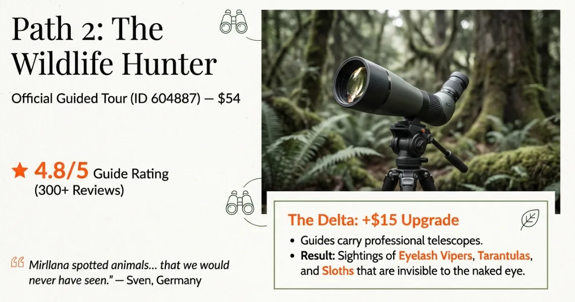 Path 2 — The Wildlife Hunter: official guided tour at $54, 4.8/5 from 300+ reviews, guides carry professional spotting scopes for sloths and eyelash vipers