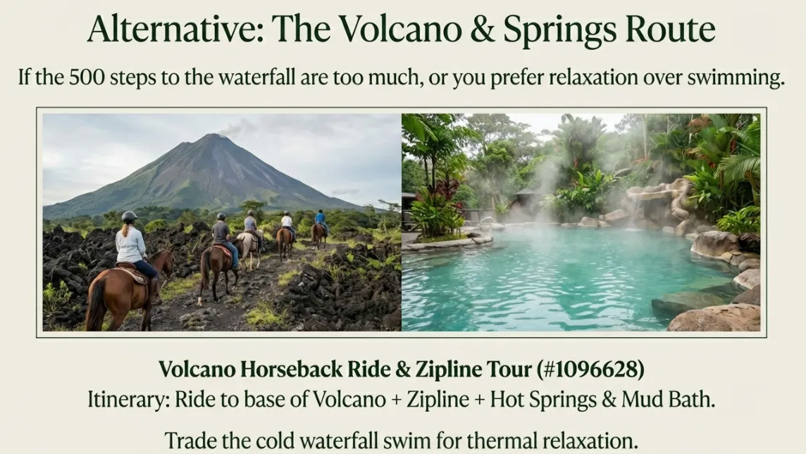 Alternative La Fortuna horseback tour — volcano ride, zipline, hot springs and mud bath relaxation itinerary
