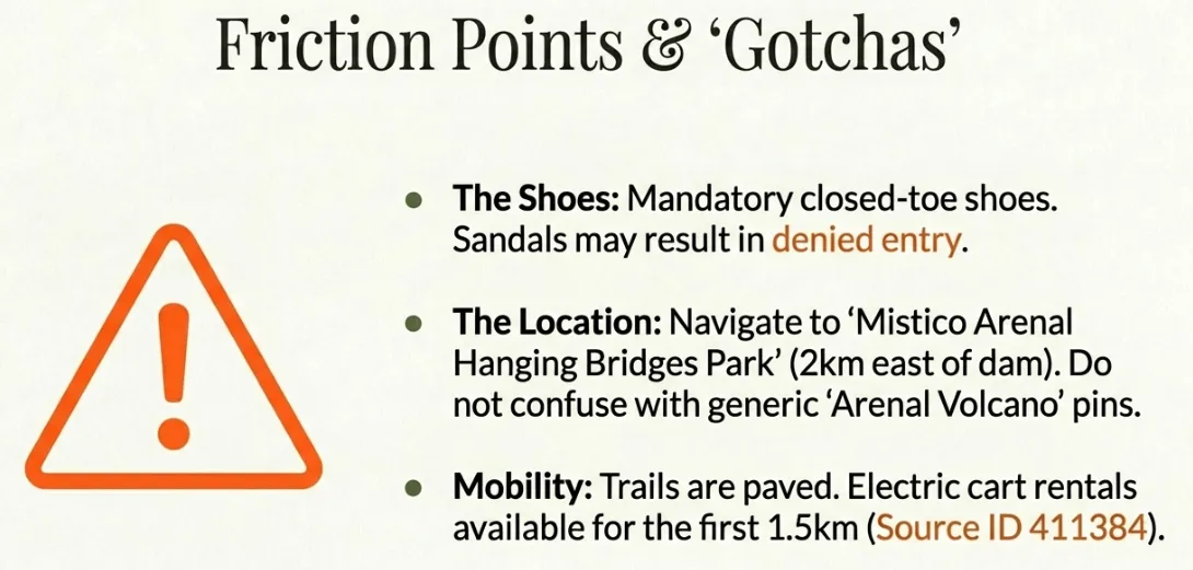 Mistico Hanging Bridges visitor gotchas: mandatory closed-toe shoes (sandals denied entry), correct GPS location 2km east of dam, mobility options with electric cart rentals