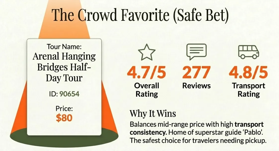 Arenal Hanging Bridges Half-Day Tour: 4.7/5 overall, 277 reviews, 4.8/5 transport rating, $80 price — home of superstar guide Pablo