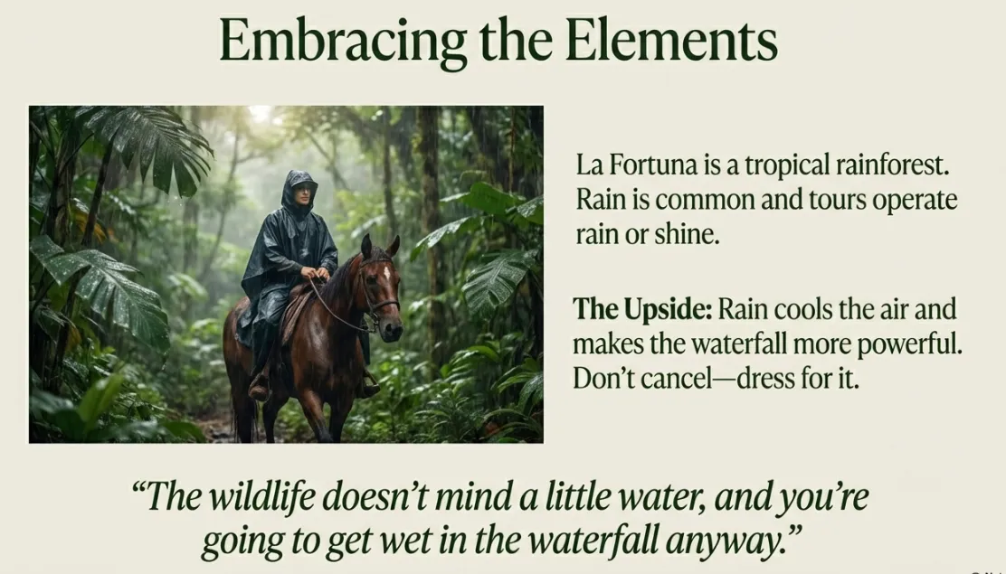 Riding a horse in the rain through La Fortuna rainforest — embracing the elements on a horseback tour