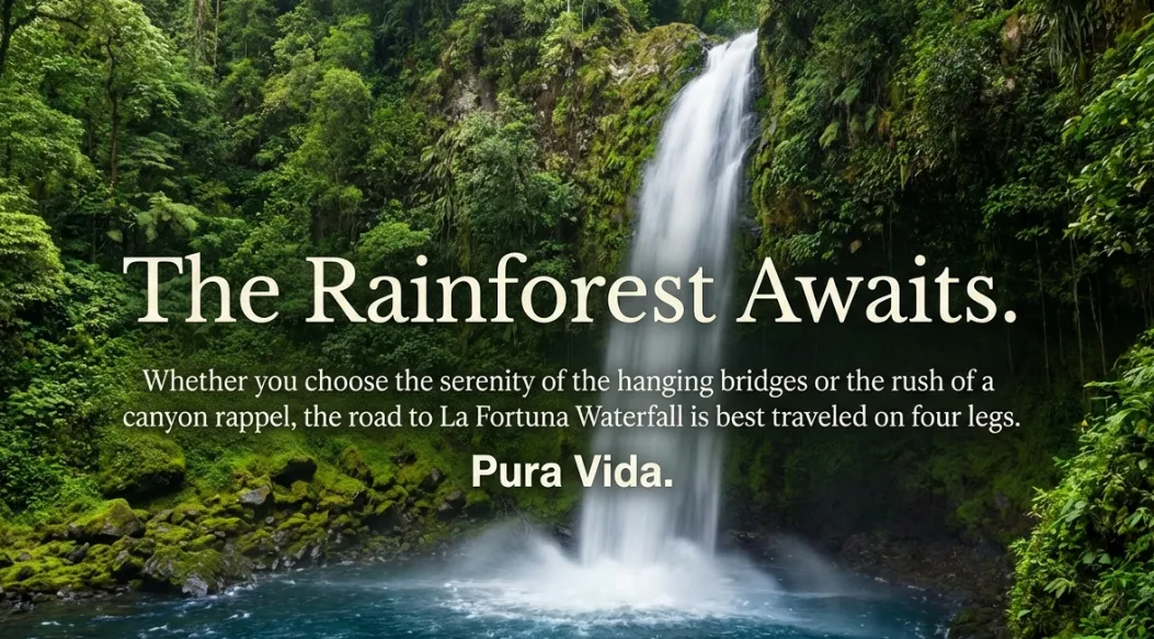 La Fortuna Waterfall cascade surrounded by rainforest — the road is best traveled on four legs, Pura Vida