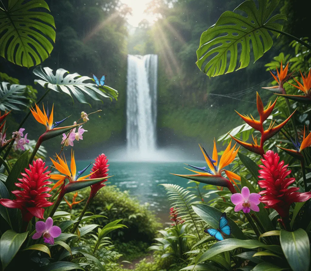 Beautiful exotic tropical flowers and lush flora at the La Fortuna Waterfall park