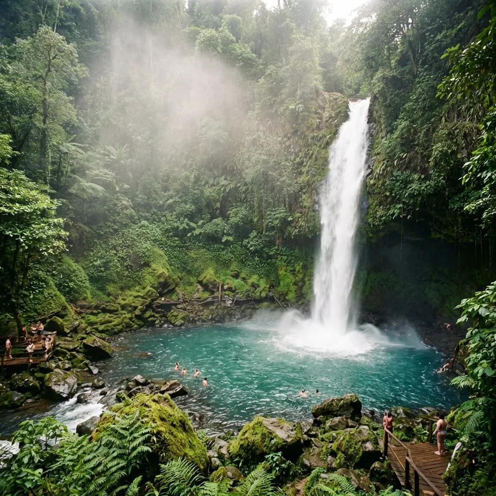 La Fortuna Waterfall plunging into turquoise pool in Costa Rica rainforest
