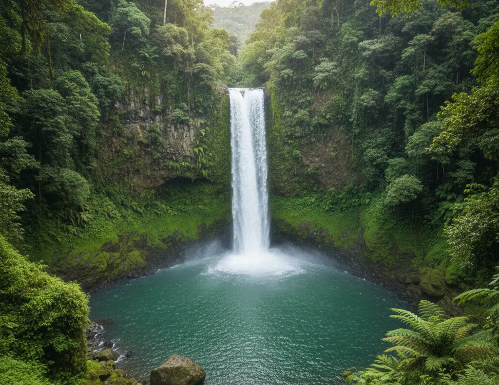Full view of the 70-meter La Fortuna Waterfall cascade into an emerald jungle basin