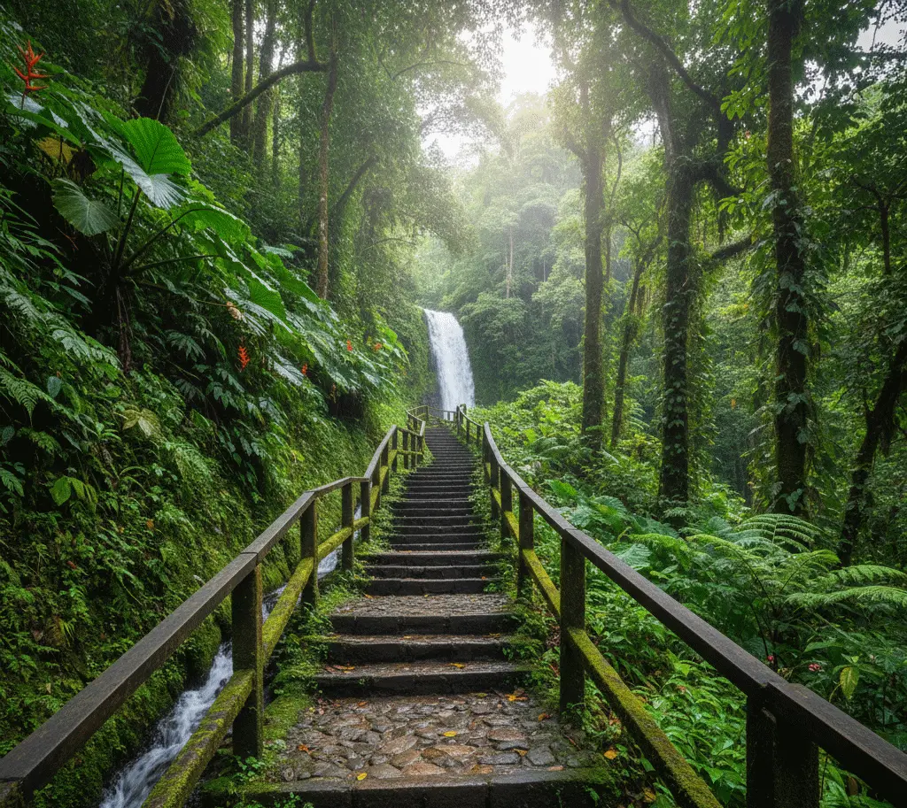 The well-maintained 500-step hike through lush tropical rainforest to the base of La Fortuna Waterfall