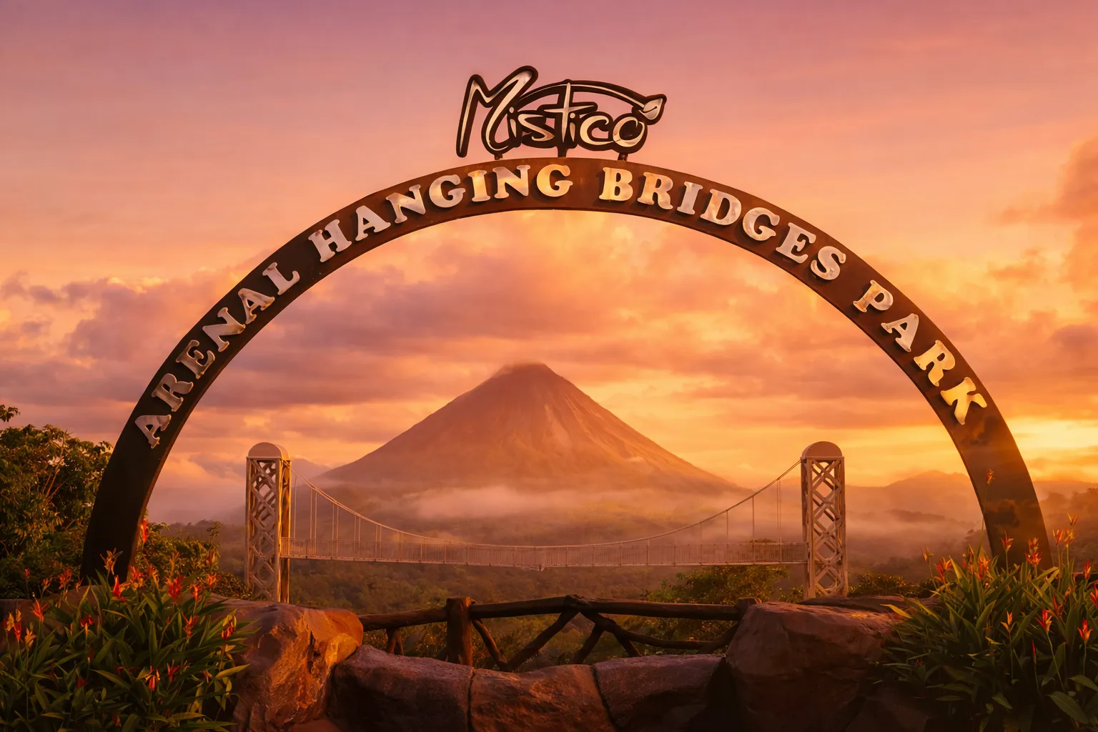 Architectural suspension bridge at Mistico Park soaring over the rainforest canopy