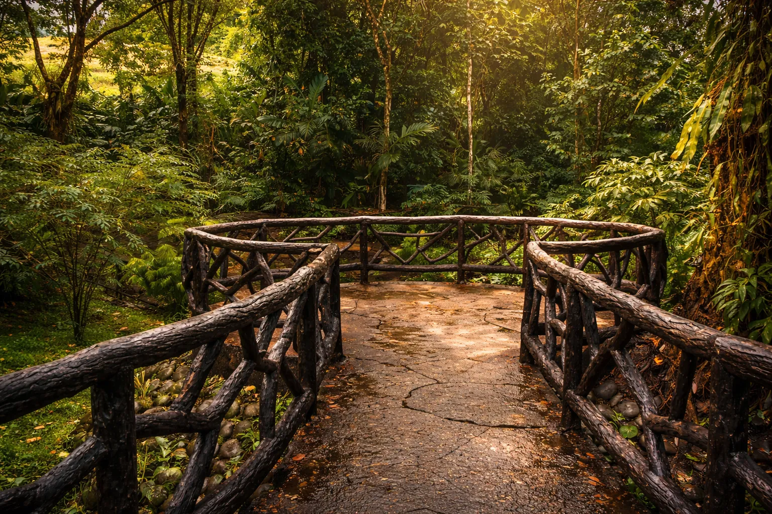 Panoramic view of Mistico Hanging Bridges with Arenal Volcano in the background