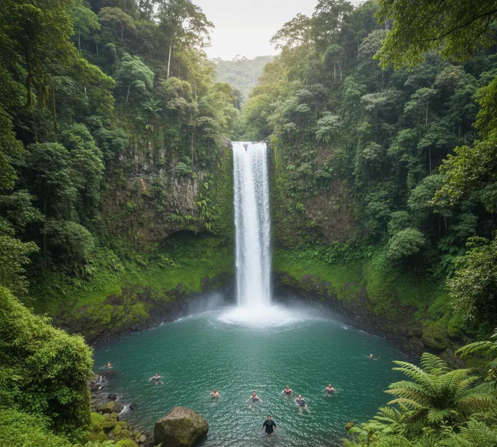 Tourists swimming in the refreshing turquoise waters at the base of La Fortuna Waterfall